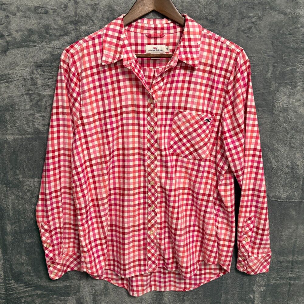 Vineyard Vines Pink Plaid Gingham Button Down Top 14 Preppy Cotton Whale Coastal